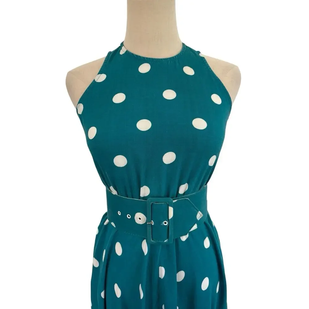 Vtg‎ 80s Brooks Atelier NY Teal Polka Dot Dress W/ Belt Halter Neck Xs Old Money